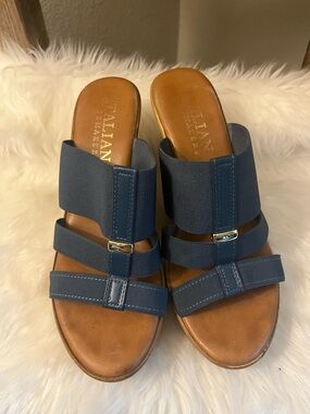 Italian Shoemakers Navy Leather & Elastic Slide Mules